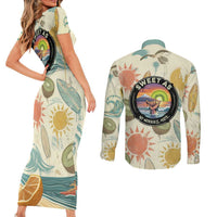NZ Slang Sweet As Kiwi Shaka Sign Couples Matching Short Sleeve Bodycon Dress and Long Sleeve Button Shirt New Zealand Surfboards Sun and Tropical Beach Retro