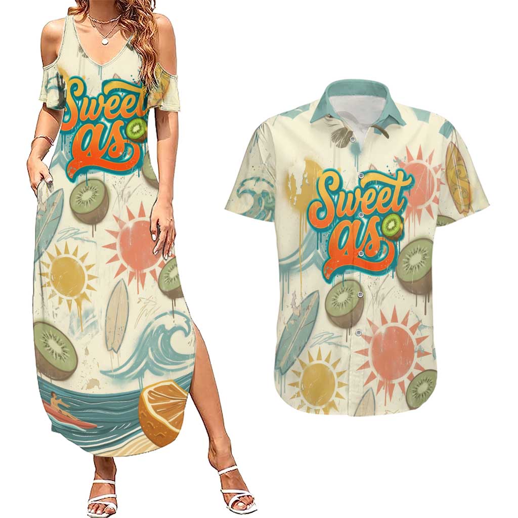 NZ Slang Sweet As Kiwi Shaka Sign Couples Matching Summer Maxi Dress and Hawaiian Shirt New Zealand Surfboards Sun and Tropical Beach Retro