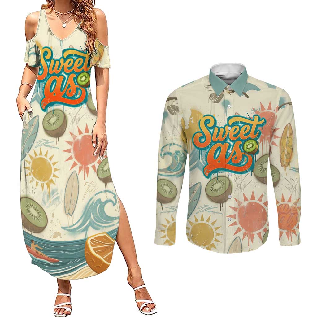 NZ Slang Sweet As Kiwi Shaka Sign Couples Matching Summer Maxi Dress and Long Sleeve Button Shirt New Zealand Surfboards Sun and Tropical Beach Retro TS04 Beige - Polynesian Pride