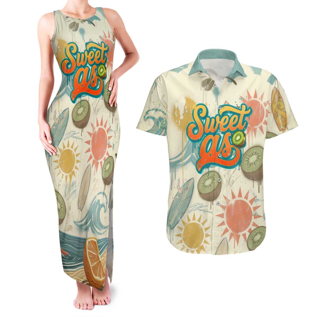 NZ Slang Sweet As Kiwi Shaka Sign Couples Matching Tank Maxi Dress and Hawaiian Shirt New Zealand Surfboards Sun and Tropical Beach Retro TS04 Beige - Polynesian Pride
