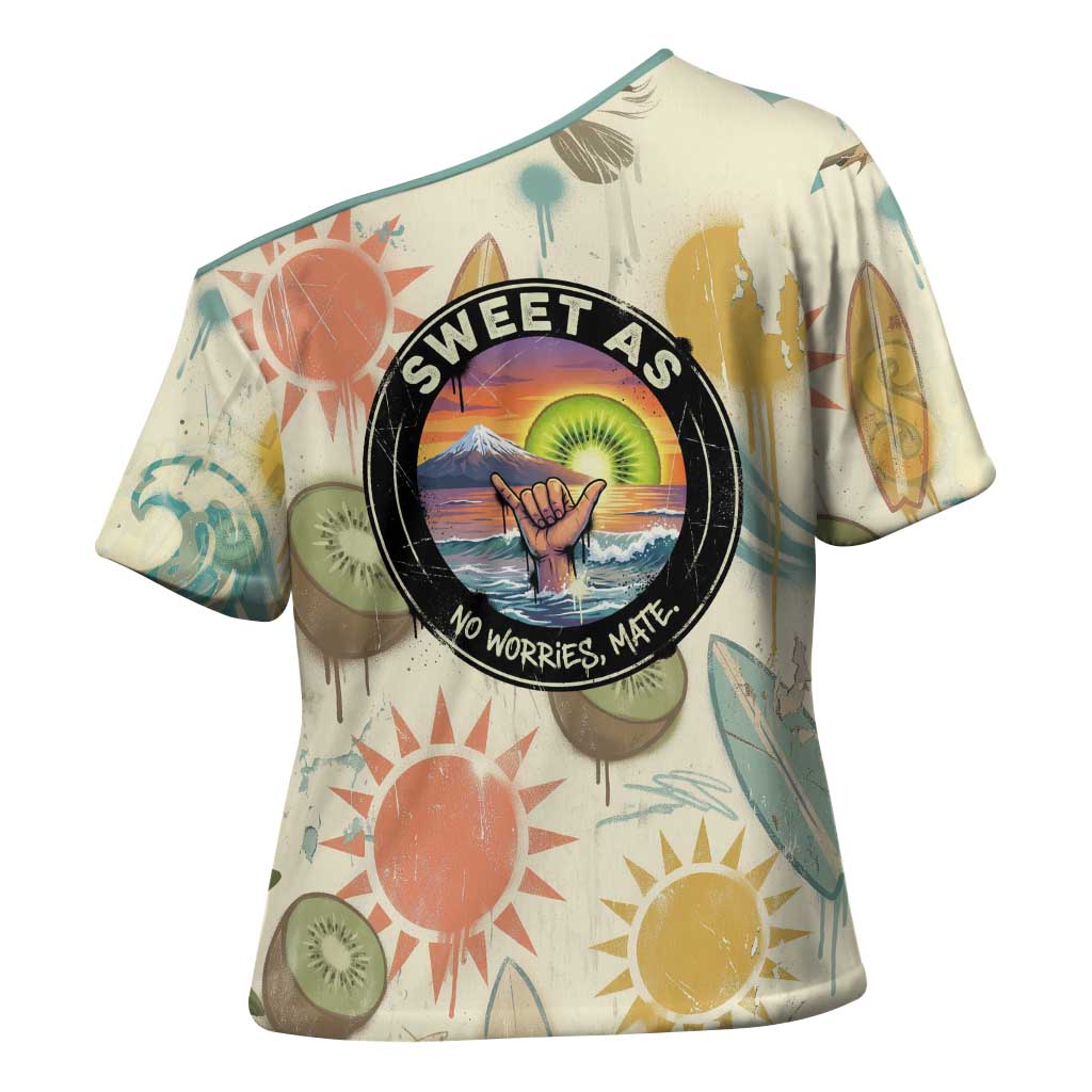 NZ Slang Sweet As Kiwi Shaka Sign Cross Shoulder Shirt New Zealand Surfboards Sun and Tropical Beach Retro