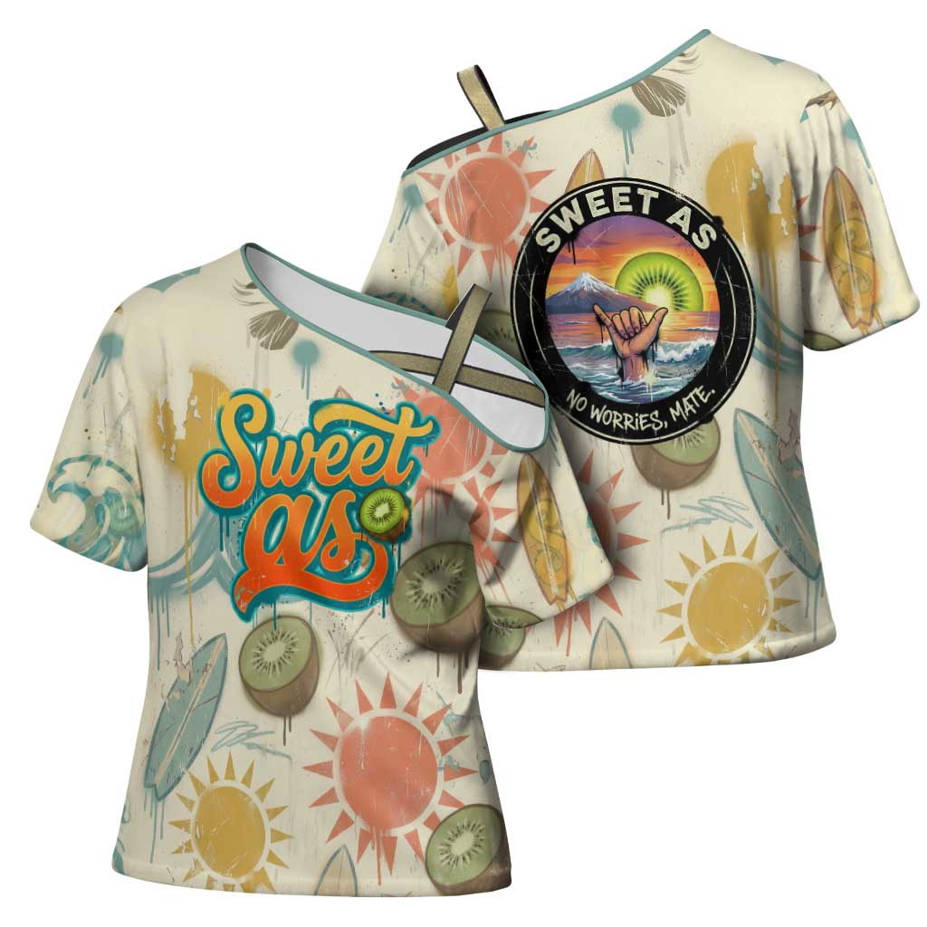 NZ Slang Sweet As Kiwi Shaka Sign Cross Shoulder Shirt New Zealand Surfboards Sun and Tropical Beach Retro