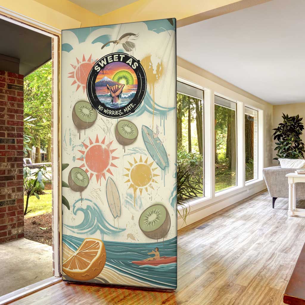 NZ Slang Sweet As Kiwi Shaka Sign Door Cover New Zealand Surfboards Sun and Tropical Beach Retro