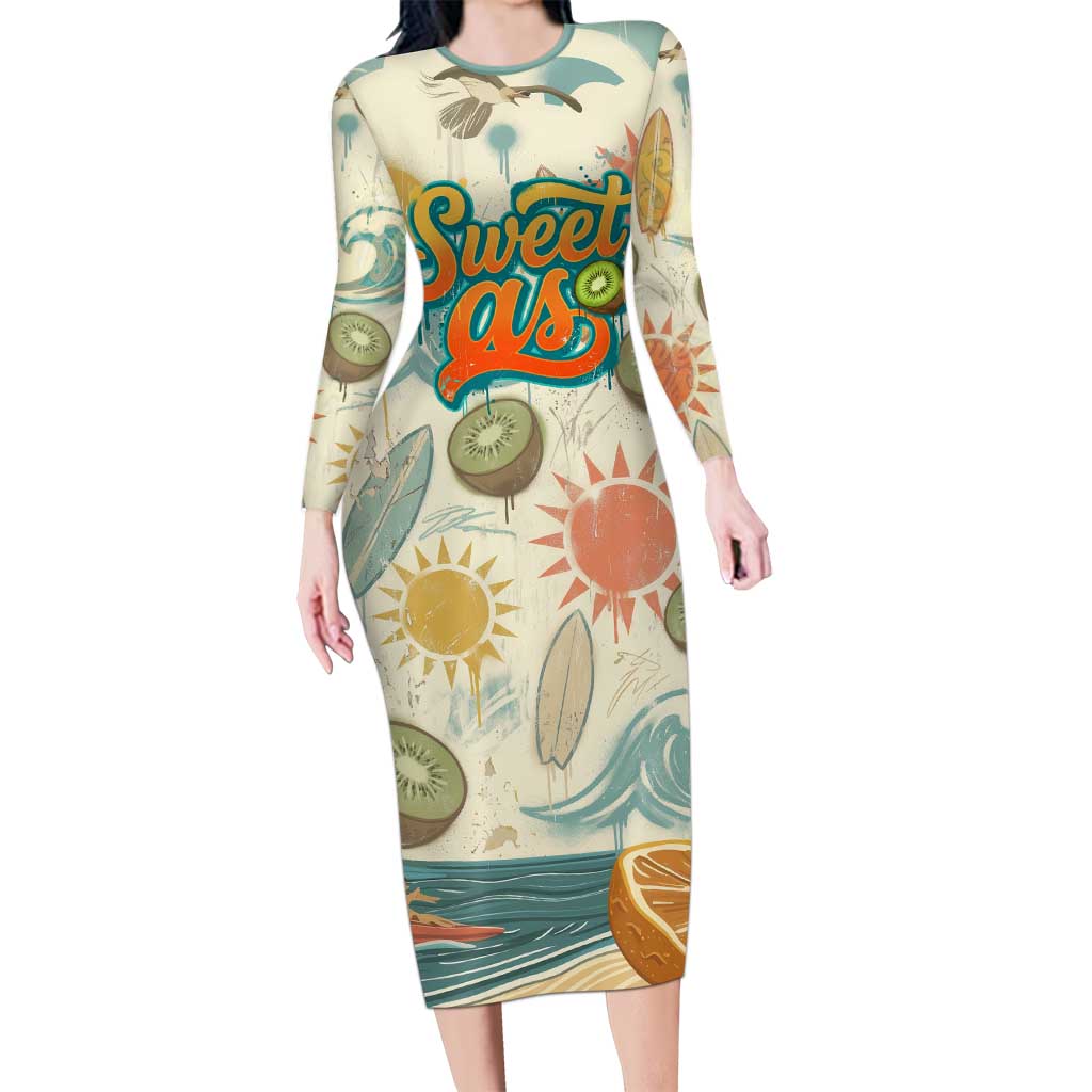 NZ Slang Sweet As Kiwi Shaka Sign Family Matching Long Sleeve Bodycon Dress and Hawaiian Shirt New Zealand Surfboards Sun and Tropical Beach Retro