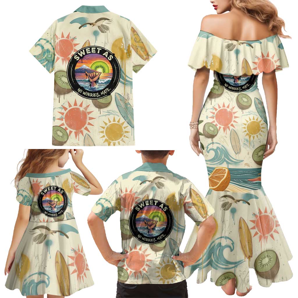 NZ Slang Sweet As Kiwi Shaka Sign Family Matching Mermaid Dress and Hawaiian Shirt New Zealand Surfboards Sun and Tropical Beach Retro