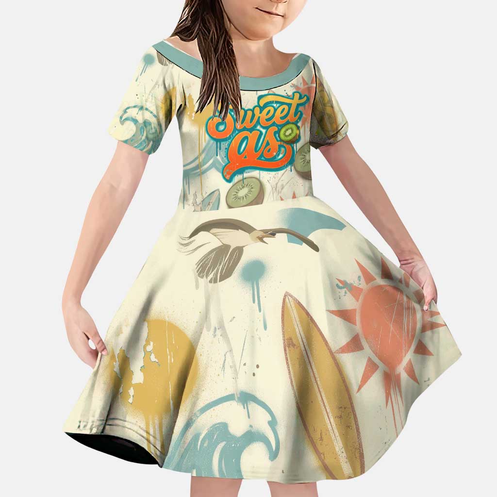 NZ Slang Sweet As Kiwi Shaka Sign Family Matching Off Shoulder Short Dress and Hawaiian Shirt New Zealand Surfboards Sun and Tropical Beach Retro