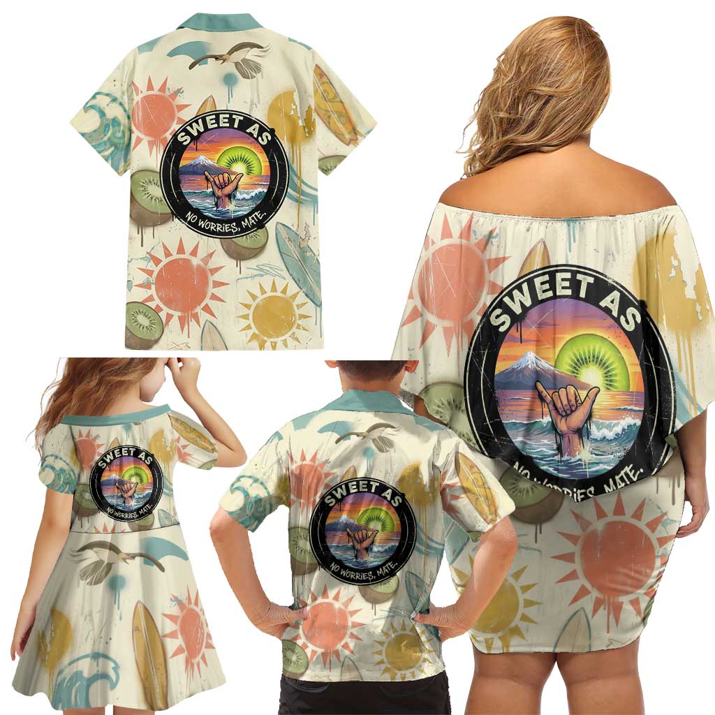 NZ Slang Sweet As Kiwi Shaka Sign Family Matching Off Shoulder Short Dress and Hawaiian Shirt New Zealand Surfboards Sun and Tropical Beach Retro