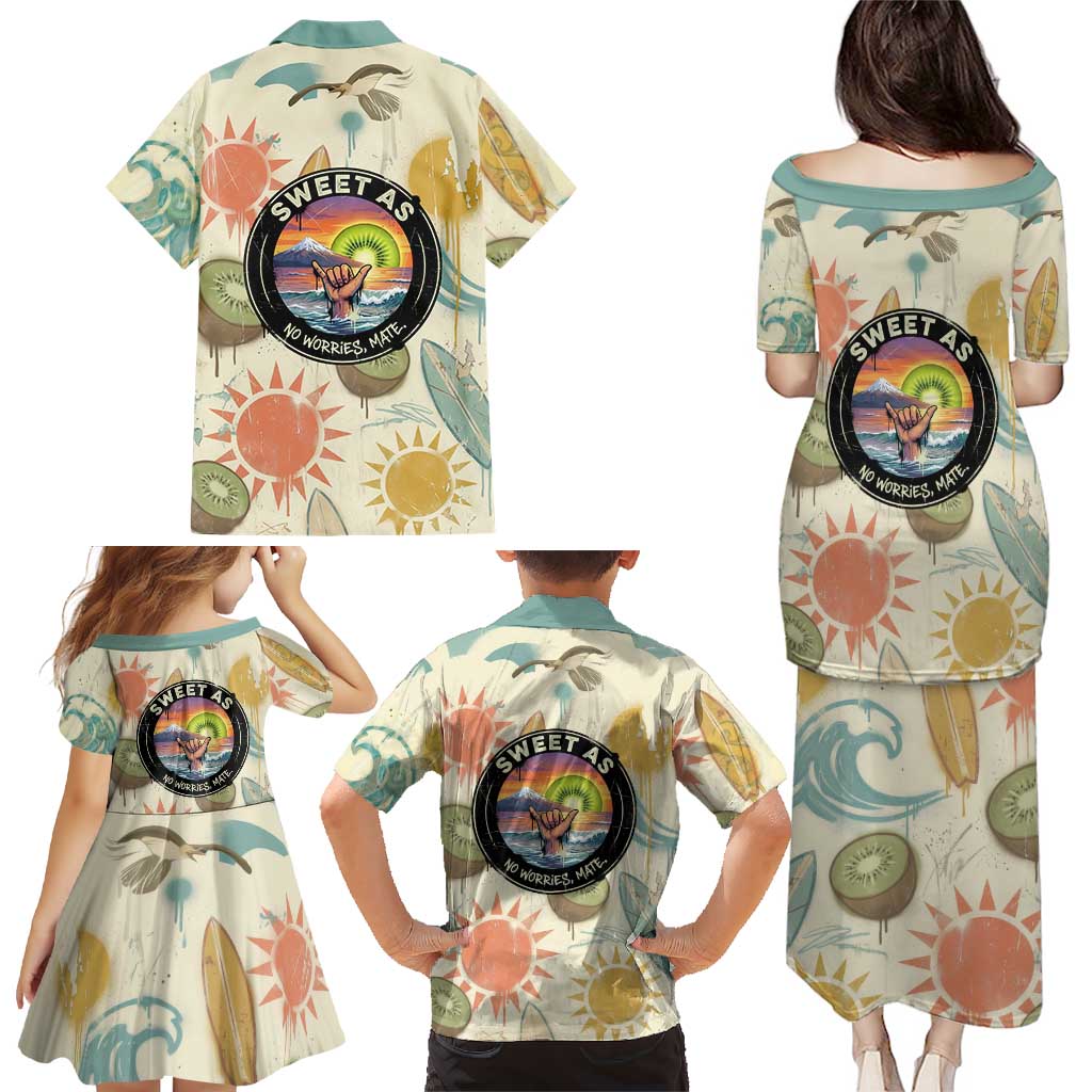 NZ Slang Sweet As Kiwi Shaka Sign Family Matching Puletasi and Hawaiian Shirt New Zealand Surfboards Sun and Tropical Beach Retro