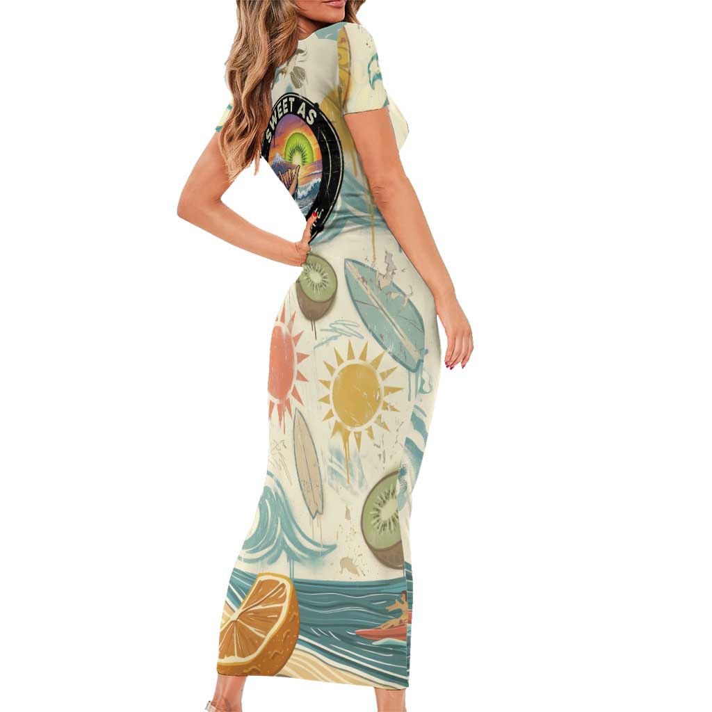 NZ Slang Sweet As Kiwi Shaka Sign Family Matching Short Sleeve Bodycon Dress and Hawaiian Shirt New Zealand Surfboards Sun and Tropical Beach Retro