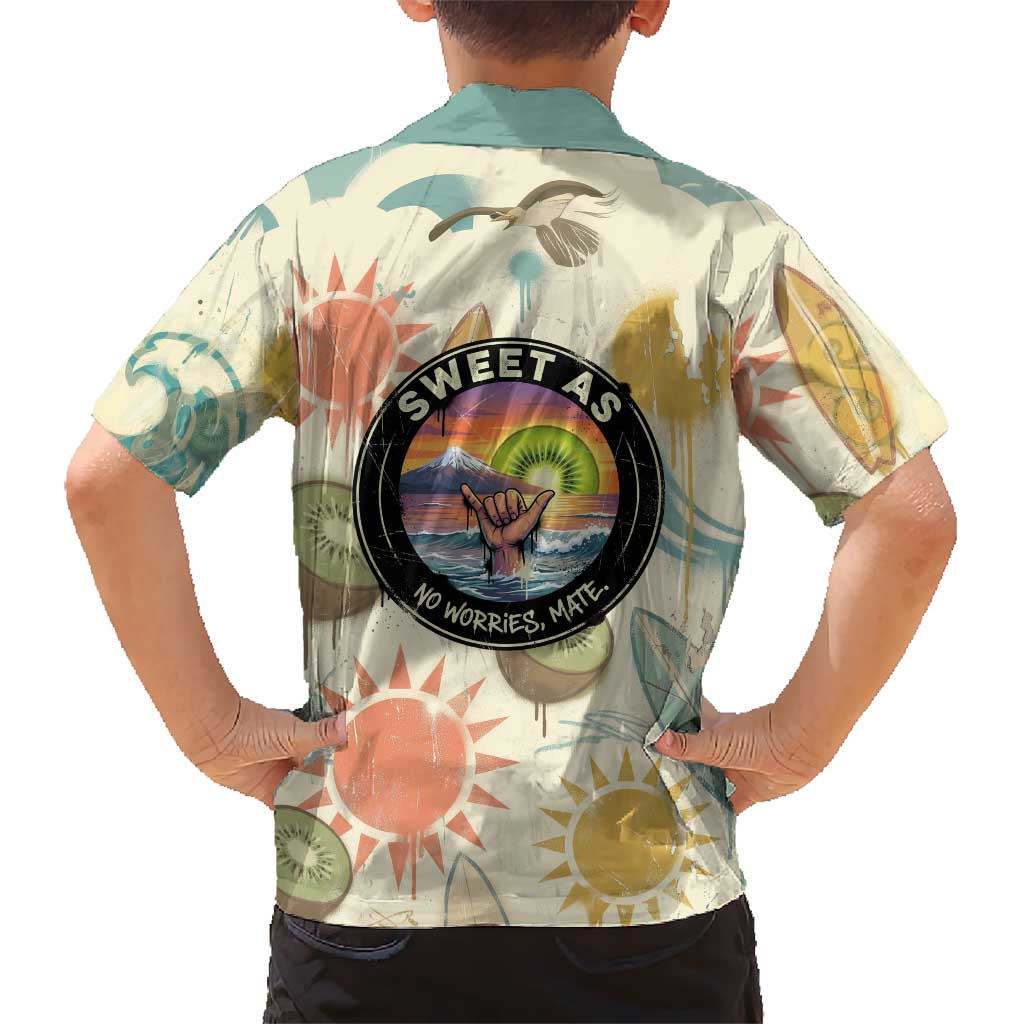 NZ Slang Sweet As Kiwi Shaka Sign Family Matching Summer Maxi Dress and Hawaiian Shirt New Zealand Surfboards Sun and Tropical Beach Retro
