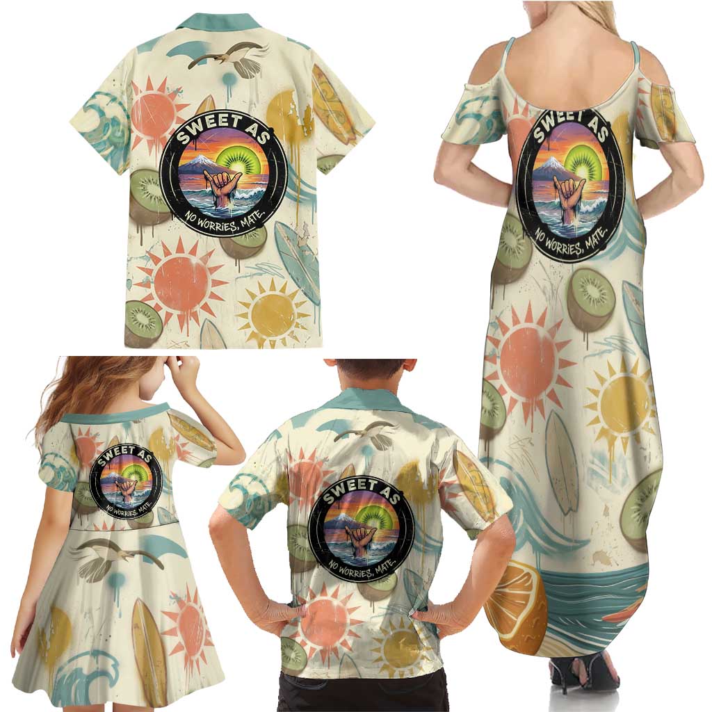 NZ Slang Sweet As Kiwi Shaka Sign Family Matching Summer Maxi Dress and Hawaiian Shirt New Zealand Surfboards Sun and Tropical Beach Retro