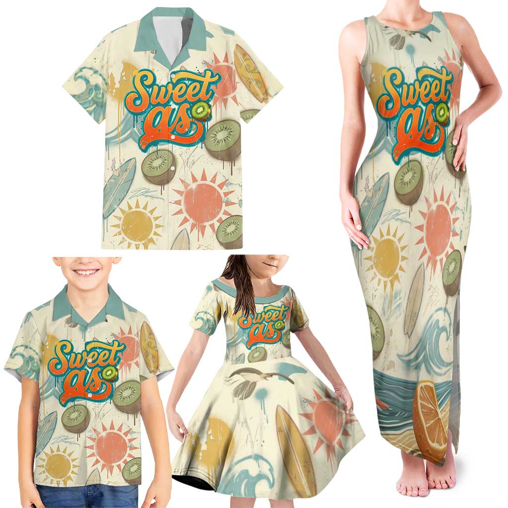 NZ Slang Sweet As Kiwi Shaka Sign Family Matching Tank Maxi Dress and Hawaiian Shirt New Zealand Surfboards Sun and Tropical Beach Retro