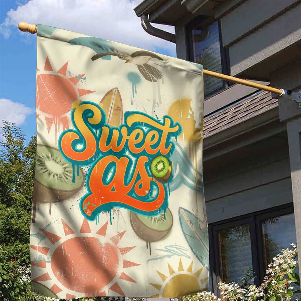 NZ Slang Sweet As Kiwi Shaka Sign Garden Flag New Zealand Surfboards Sun and Tropical Beach Retro
