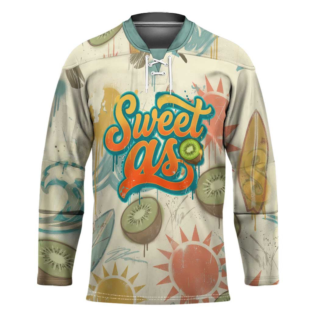 NZ Slang Sweet As Kiwi Shaka Sign Hockey Jersey New Zealand Surfboards Sun and Tropical Beach Retro TS04 Unisex Beige - Polynesian Pride