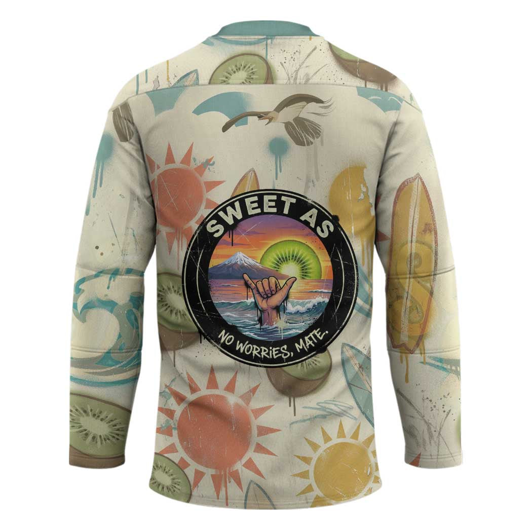 NZ Slang Sweet As Kiwi Shaka Sign Hockey Jersey New Zealand Surfboards Sun and Tropical Beach Retro