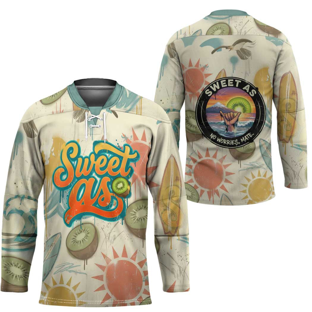 NZ Slang Sweet As Kiwi Shaka Sign Hockey Jersey New Zealand Surfboards Sun and Tropical Beach Retro