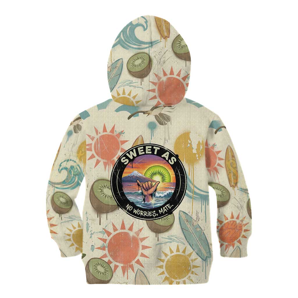 NZ Slang Sweet As Kiwi Shaka Sign Kid Hoodie New Zealand Surfboards Sun and Tropical Beach Retro