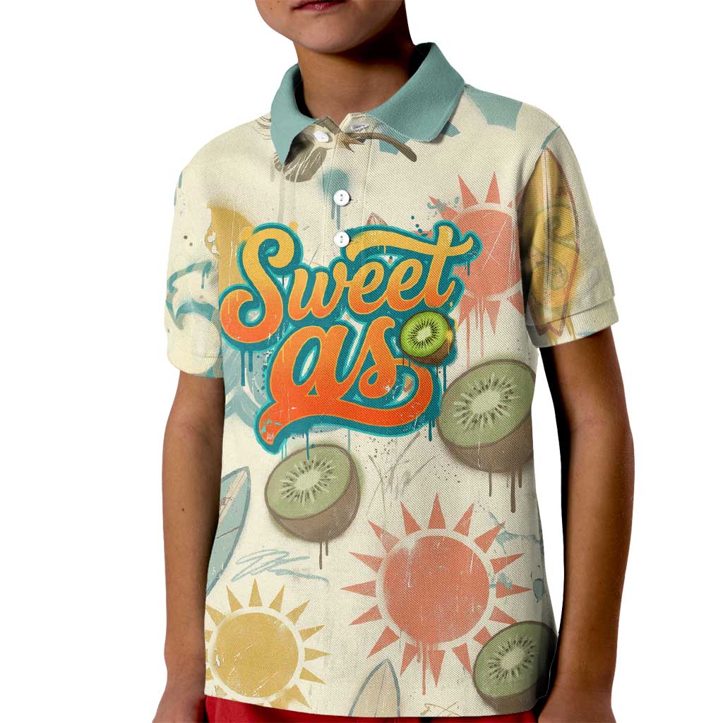 NZ Slang Sweet As Kiwi Shaka Sign Kid Polo Shirt New Zealand Surfboards Sun and Tropical Beach Retro TS04 Kid Beige - Polynesian Pride