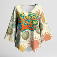 NZ Slang Sweet As Kiwi Shaka Sign Kimono Sleeve Blouse New Zealand Surfboards Sun and Tropical Beach Retro