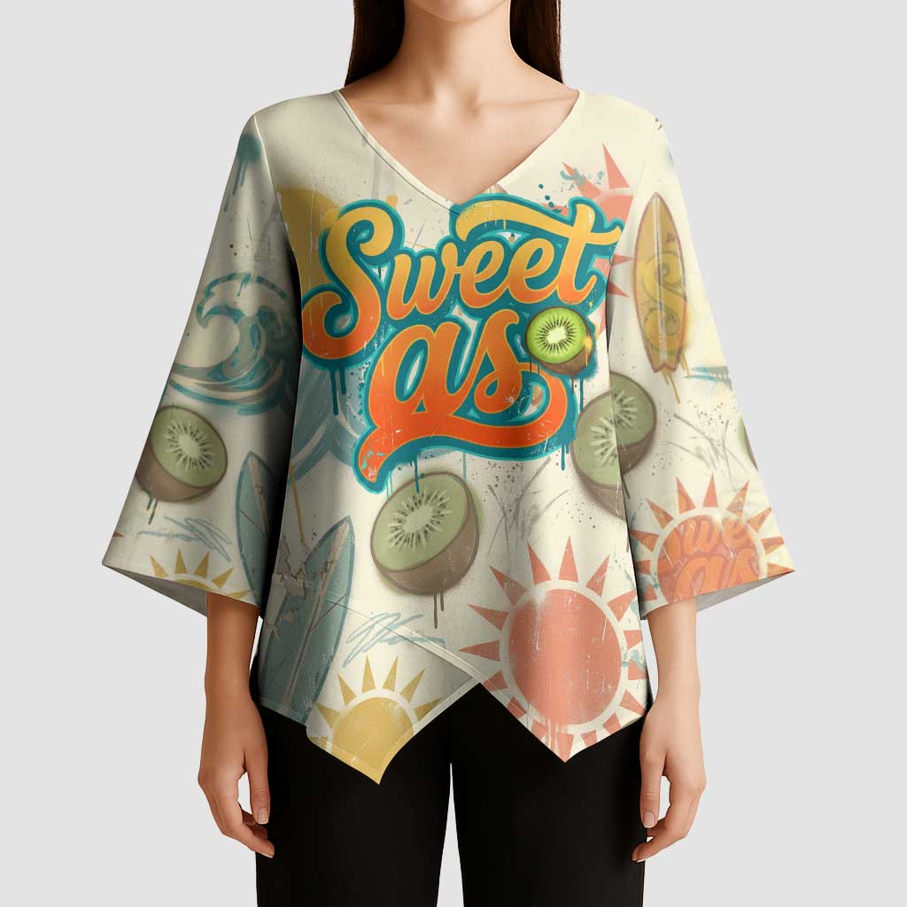 NZ Slang Sweet As Kiwi Shaka Sign Kimono Sleeve Blouse New Zealand Surfboards Sun and Tropical Beach Retro