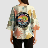 NZ Slang Sweet As Kiwi Shaka Sign Kimono Sleeve Blouse New Zealand Surfboards Sun and Tropical Beach Retro