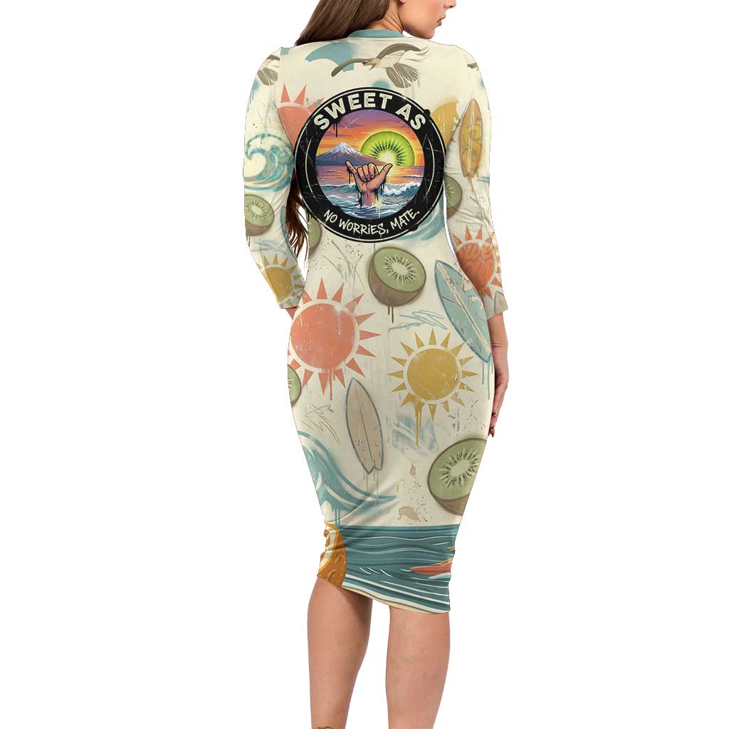 NZ Slang Sweet As Kiwi Shaka Sign Long Sleeve Bodycon Dress New Zealand Surfboards Sun and Tropical Beach Retro