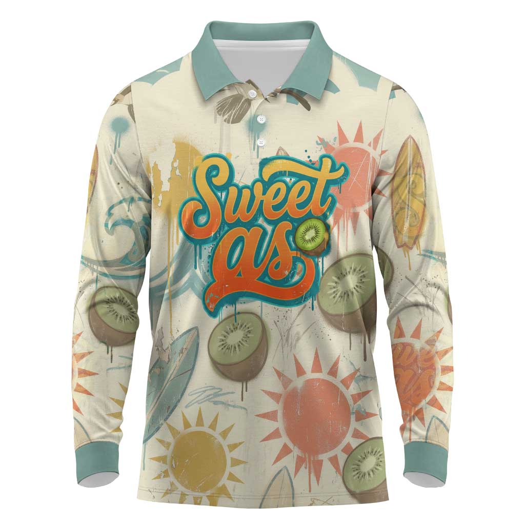NZ Slang Sweet As Kiwi Shaka Sign Long Sleeve Polo Shirt New Zealand Surfboards Sun and Tropical Beach Retro