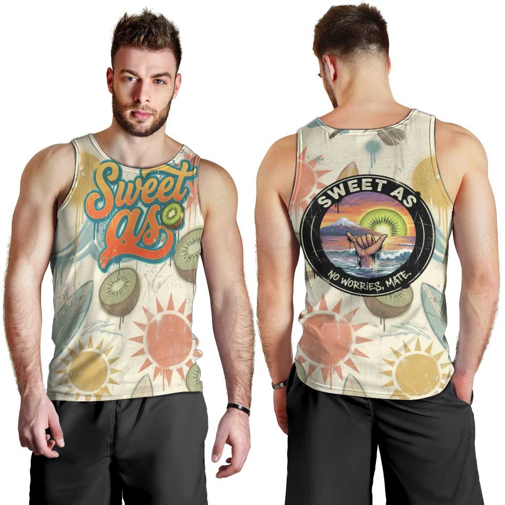 NZ Slang Sweet As Kiwi Shaka Sign Men Tank Top New Zealand Surfboards Sun and Tropical Beach Retro