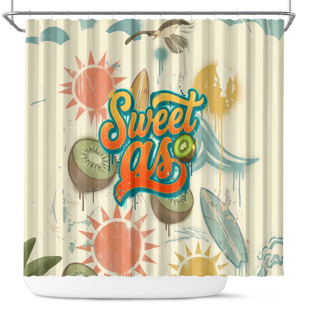NZ Slang Sweet As Kiwi Shaka Sign Shower Curtain New Zealand Surfboards Sun and Tropical Beach Retro TS04 Beige - Polynesian Pride