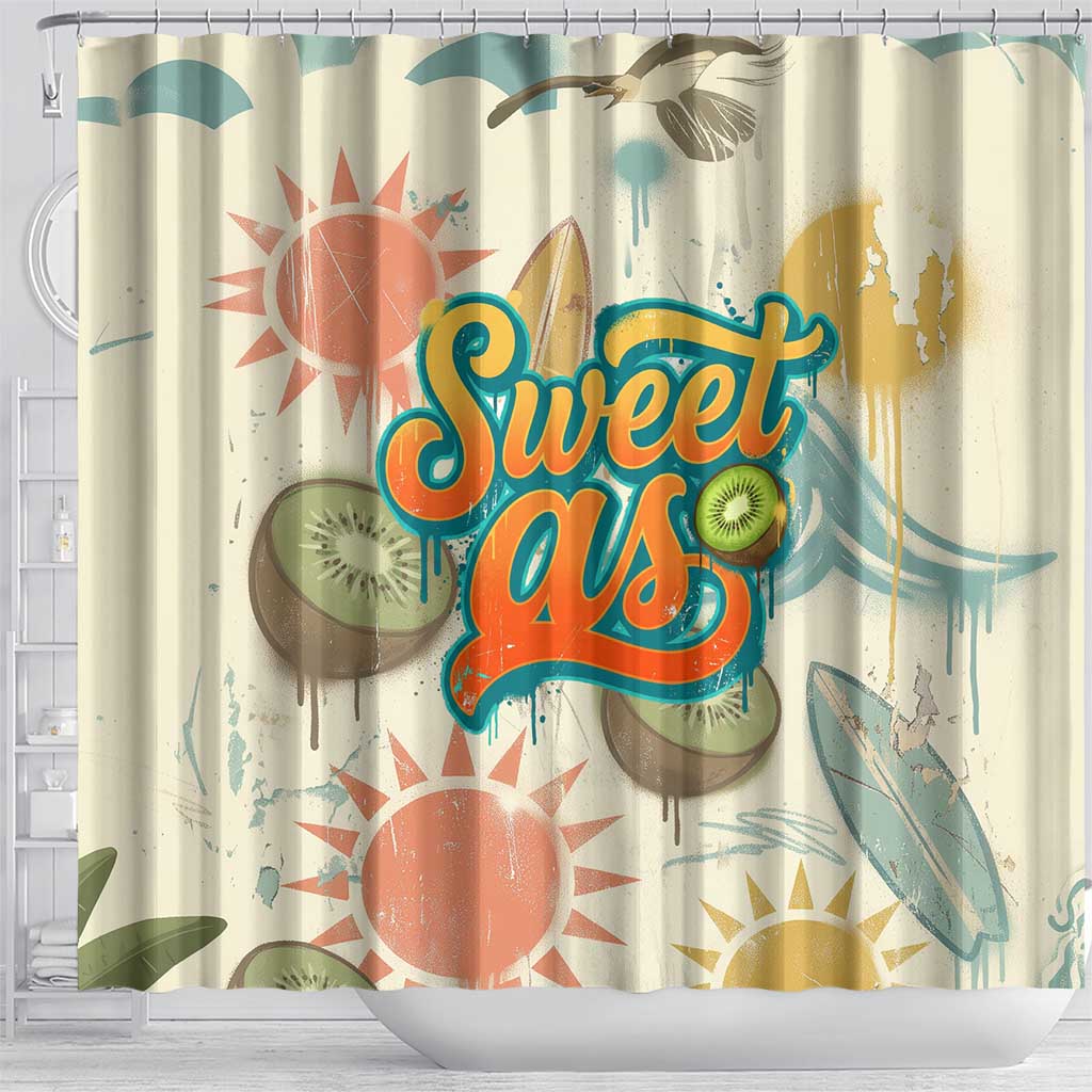NZ Slang Sweet As Kiwi Shaka Sign Shower Curtain New Zealand Surfboards Sun and Tropical Beach Retro
