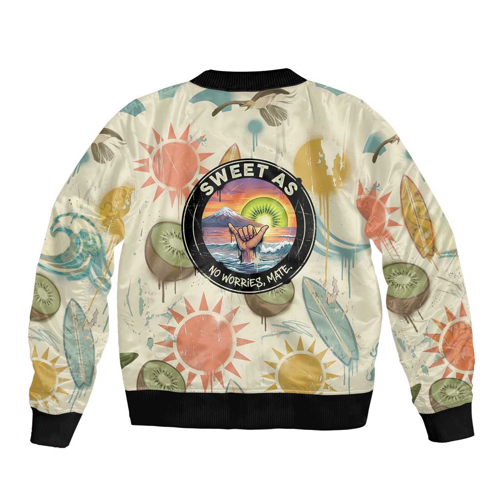 NZ Slang Sweet As Kiwi Shaka Sign Sleeve Zip Bomber Jacket New Zealand Surfboards Sun and Tropical Beach Retro