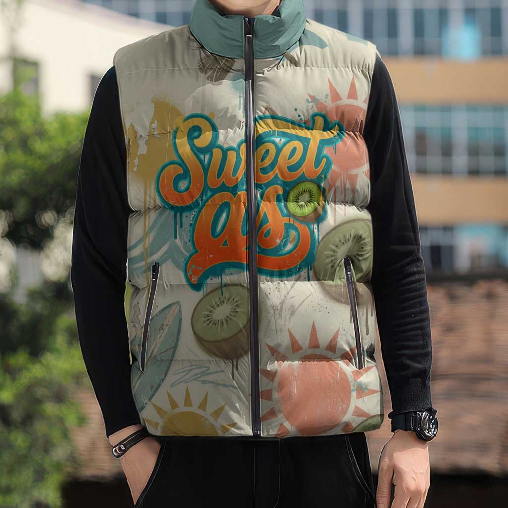 NZ Slang Sweet As Kiwi Shaka Sign Sleeveless Puffer Jacket New Zealand Surfboards Sun and Tropical Beach Retro