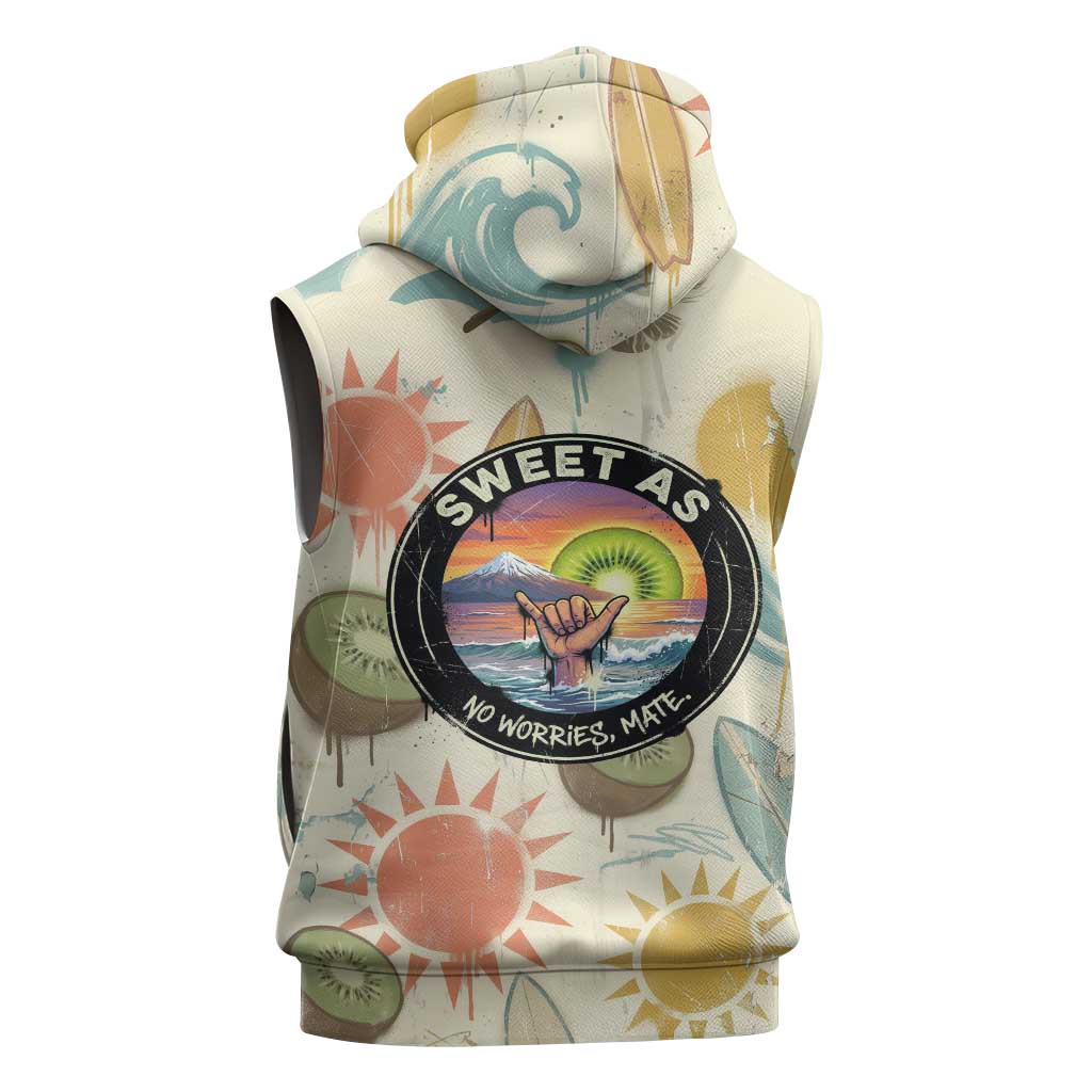 NZ Slang Sweet As Kiwi Shaka Sign Sleeveless Zip Hoodie New Zealand Surfboards Sun and Tropical Beach Retro
