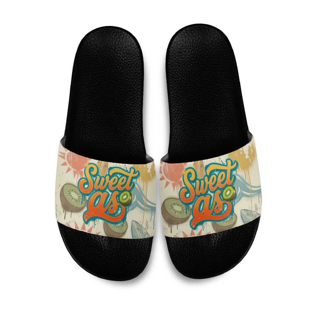 NZ Slang Sweet As Kiwi Shaka Sign Slide Sandals New Zealand Surfboards Sun and Tropical Beach Retro