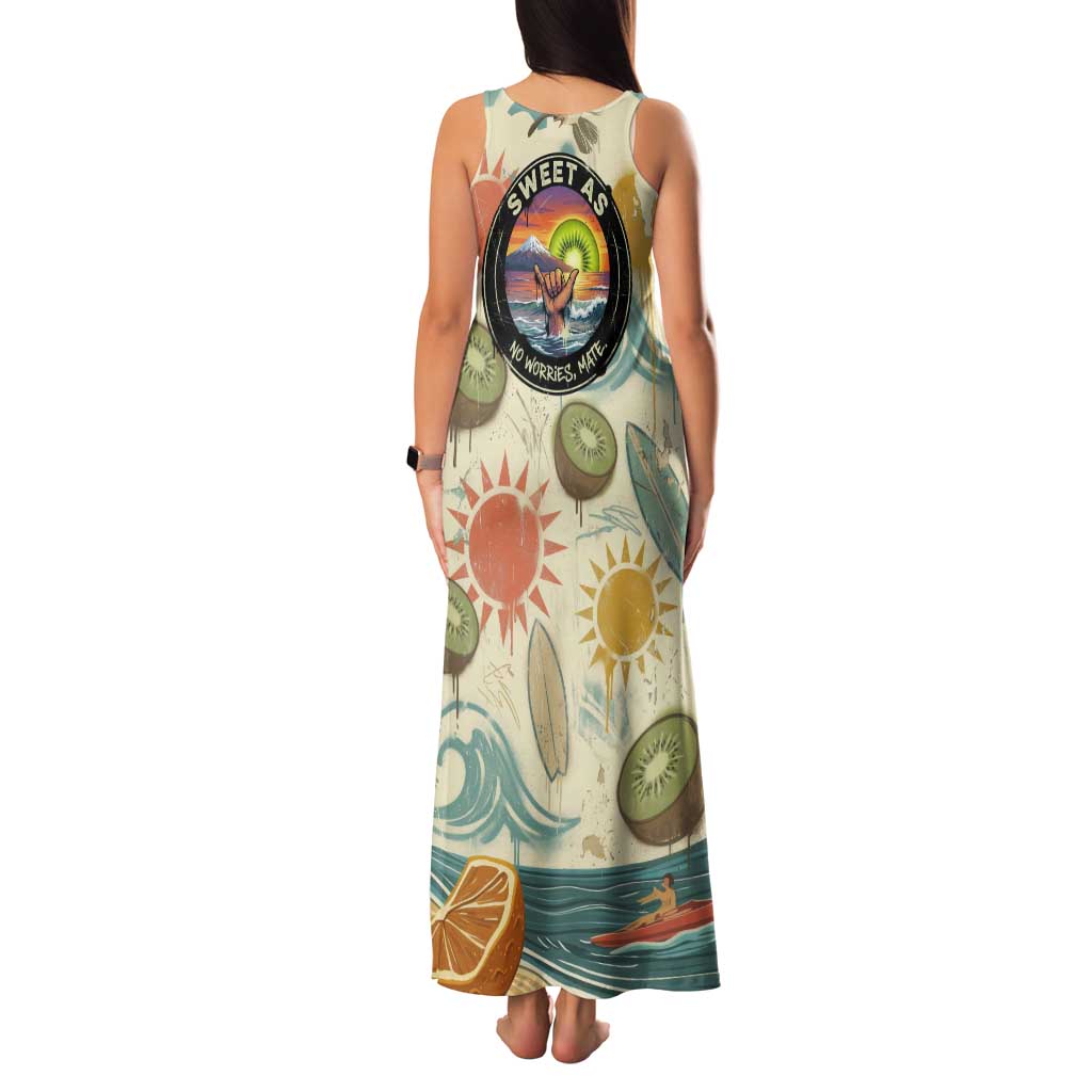 NZ Slang Sweet As Kiwi Shaka Sign Tank Maxi Dress New Zealand Surfboards Sun and Tropical Beach Retro