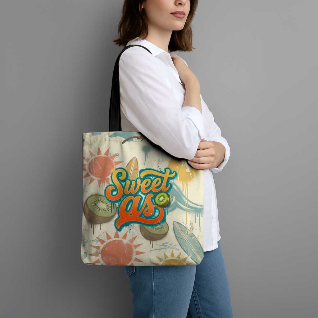 NZ Slang Sweet As Kiwi Shaka Sign Tote Bag New Zealand Surfboards Sun and Tropical Beach Retro