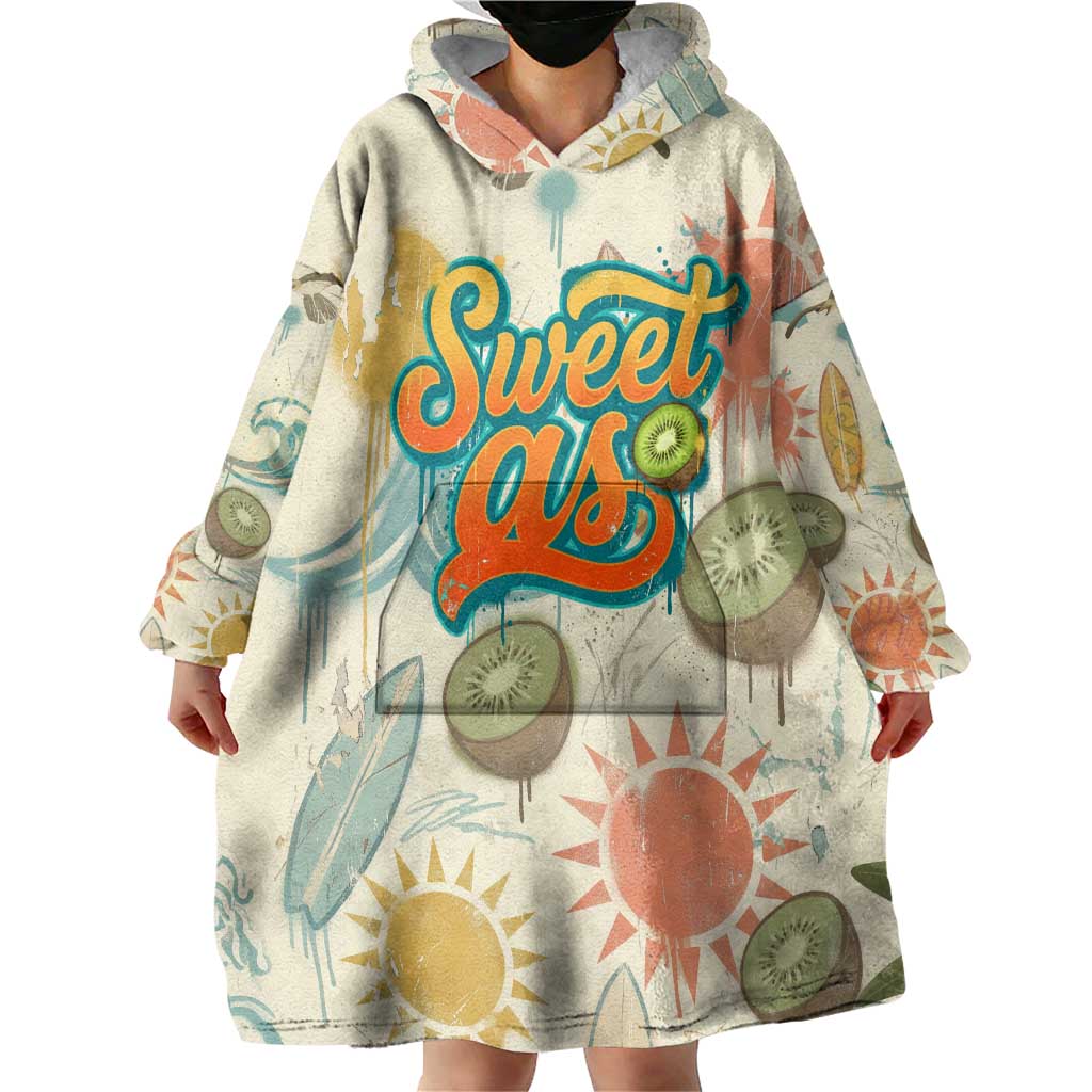 NZ Slang Sweet As Kiwi Shaka Sign Wearable Blanket Hoodie New Zealand Surfboards Sun and Tropical Beach Retro