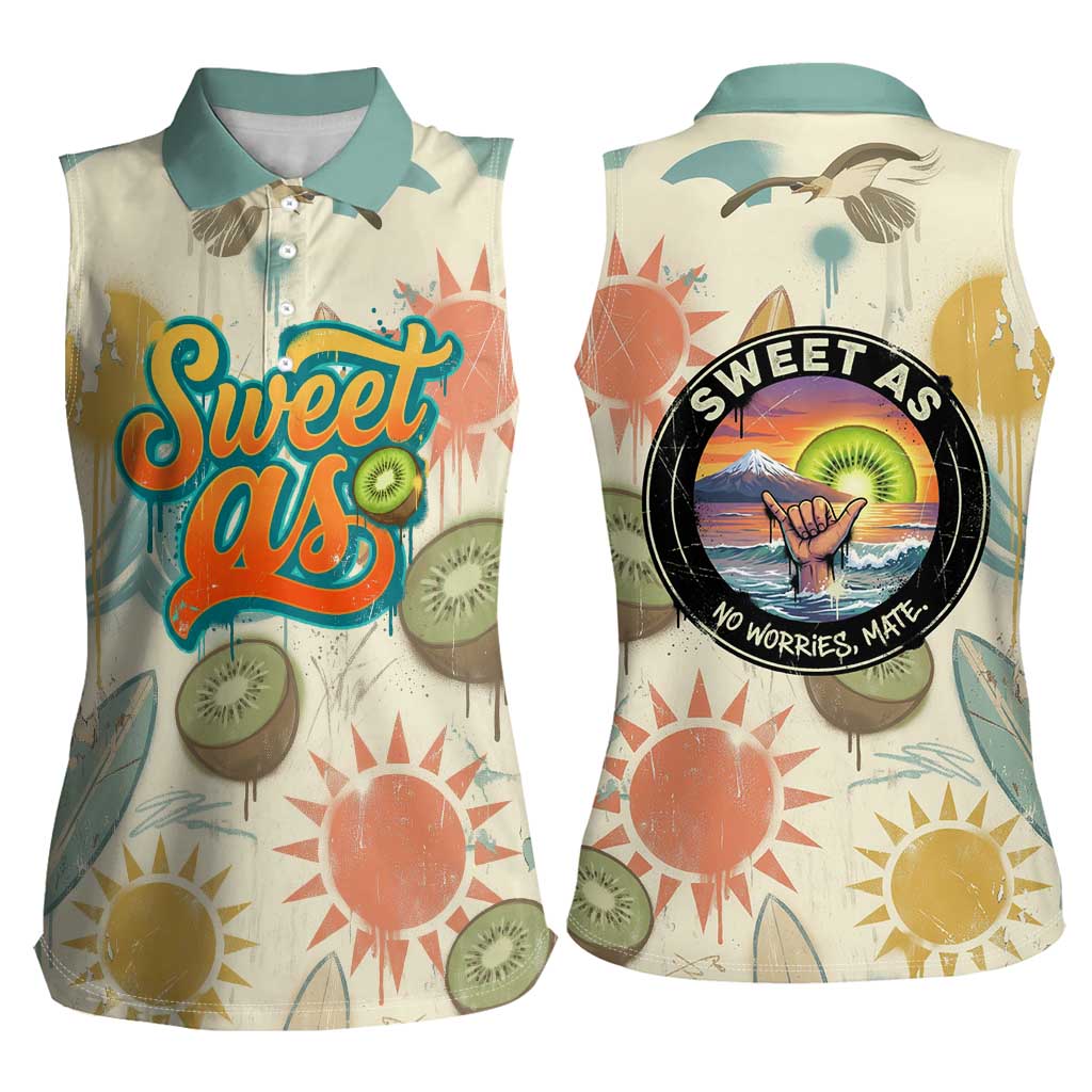 NZ Slang Sweet As Kiwi Shaka Sign Women Sleeveless Polo Shirt New Zealand Surfboards Sun and Tropical Beach Retro