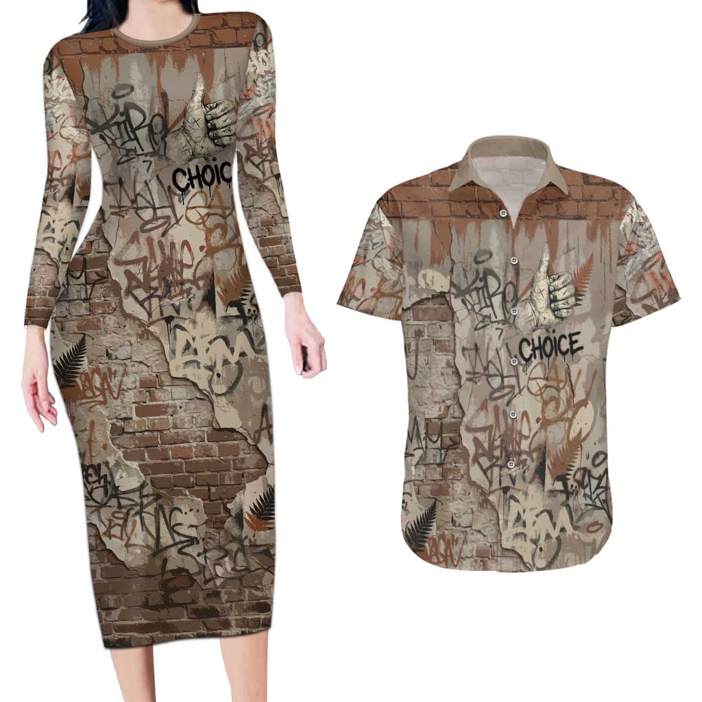 Choice Bro Graffiti Handshake Couples Matching Long Sleeve Bodycon Dress and Hawaiian Shirt New Zealand Slang Fern Brick Wall and Urban Street Art