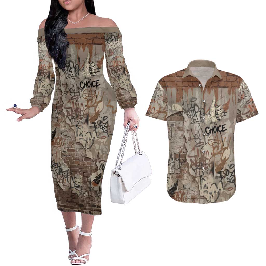 Choice Bro Graffiti Handshake Couples Matching Off The Shoulder Long Sleeve Dress and Hawaiian Shirt New Zealand Slang Fern Brick Wall and Urban Street Art