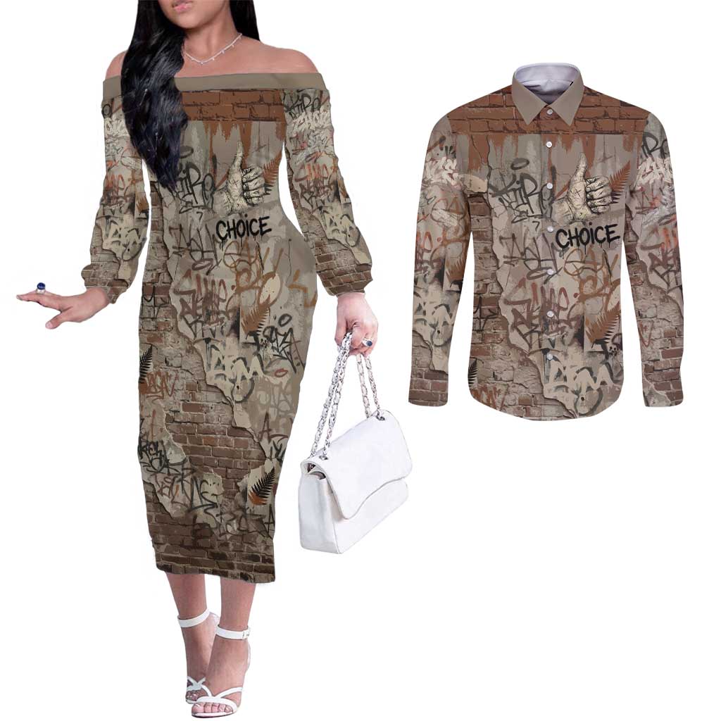 Choice Bro Graffiti Handshake Couples Matching Off The Shoulder Long Sleeve Dress and Long Sleeve Button Shirt New Zealand Slang Fern Brick Wall and Urban Street Art