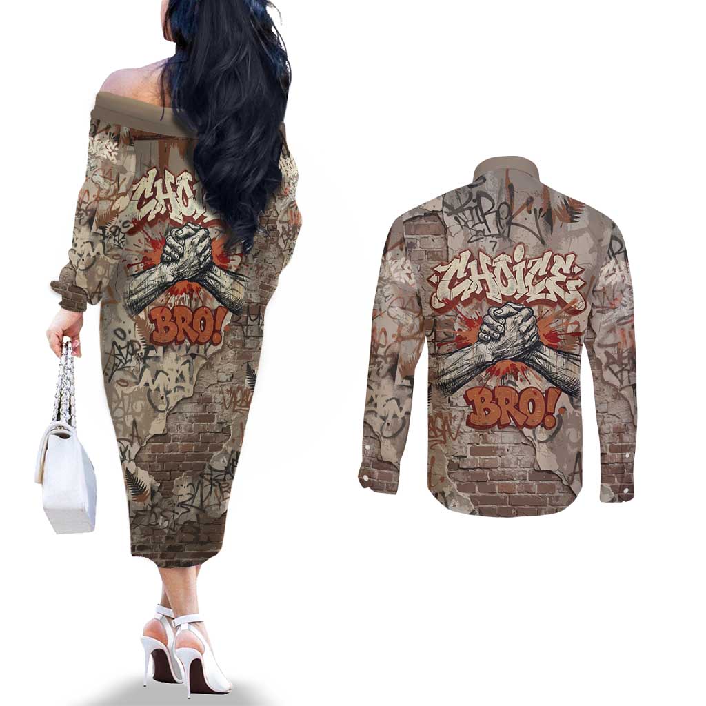Choice Bro Graffiti Handshake Couples Matching Off The Shoulder Long Sleeve Dress and Long Sleeve Button Shirt New Zealand Slang Fern Brick Wall and Urban Street Art