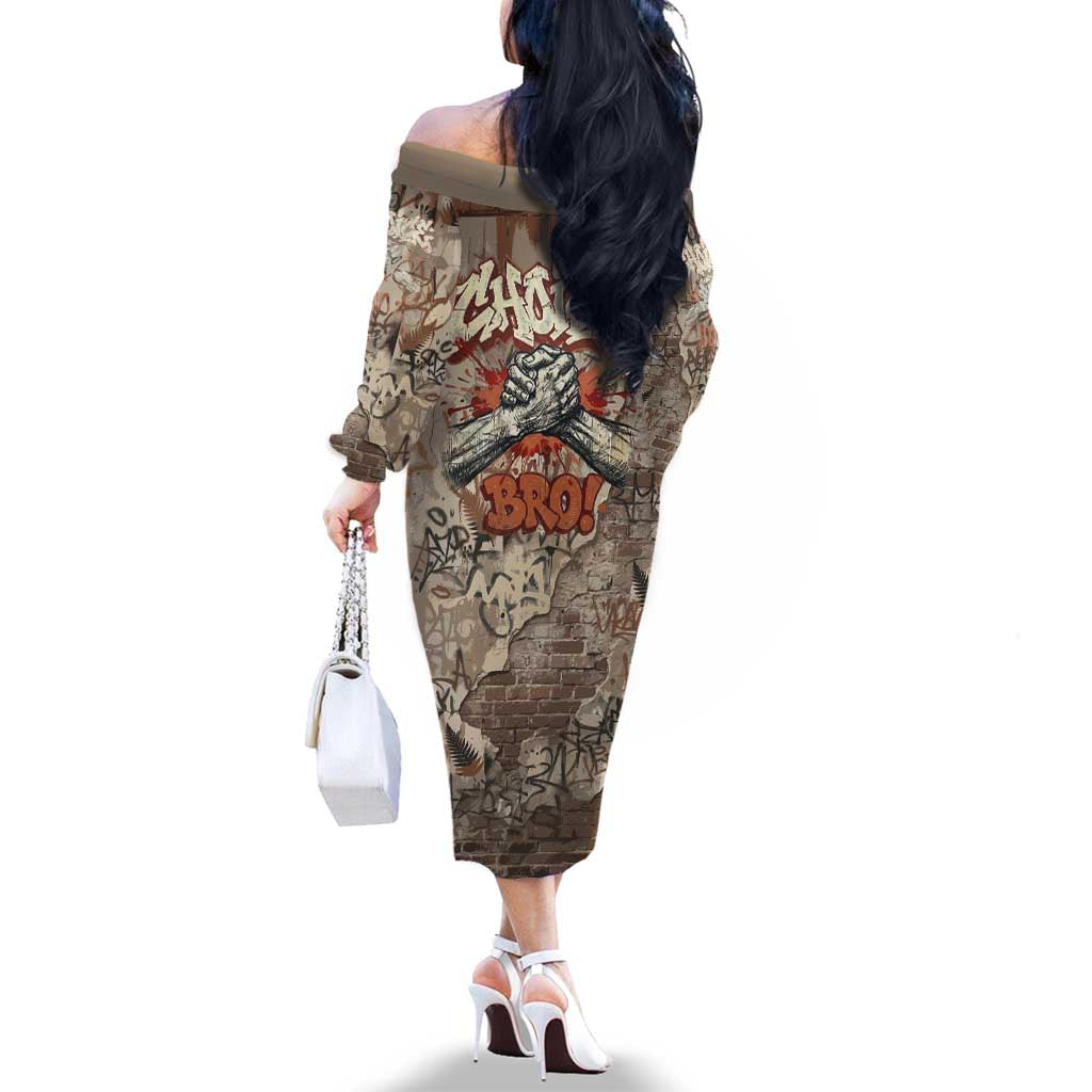 Choice Bro Graffiti Handshake Family Matching Off The Shoulder Long Sleeve Dress and Hawaiian Shirt New Zealand Slang Fern Brick Wall and Urban Street Art
