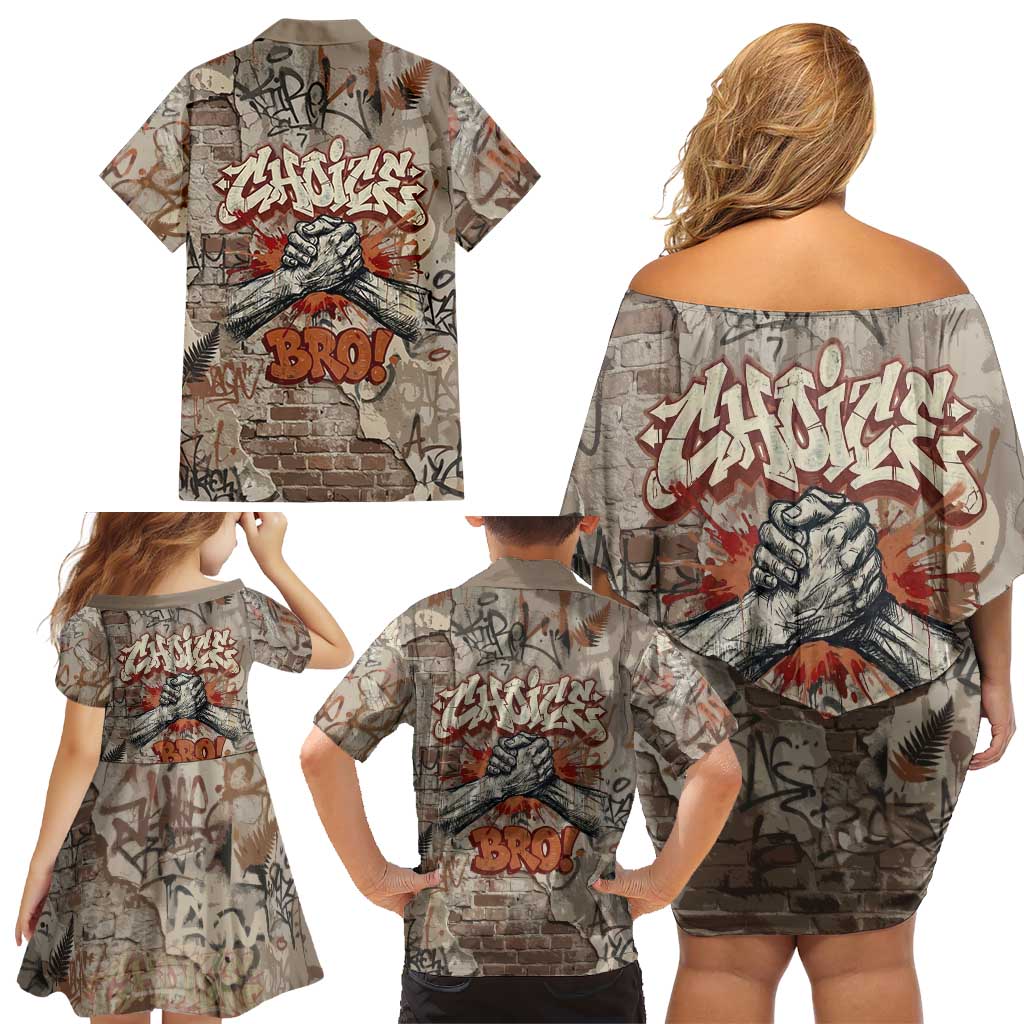 Choice Bro Graffiti Handshake Family Matching Off Shoulder Short Dress and Hawaiian Shirt New Zealand Slang Fern Brick Wall and Urban Street Art
