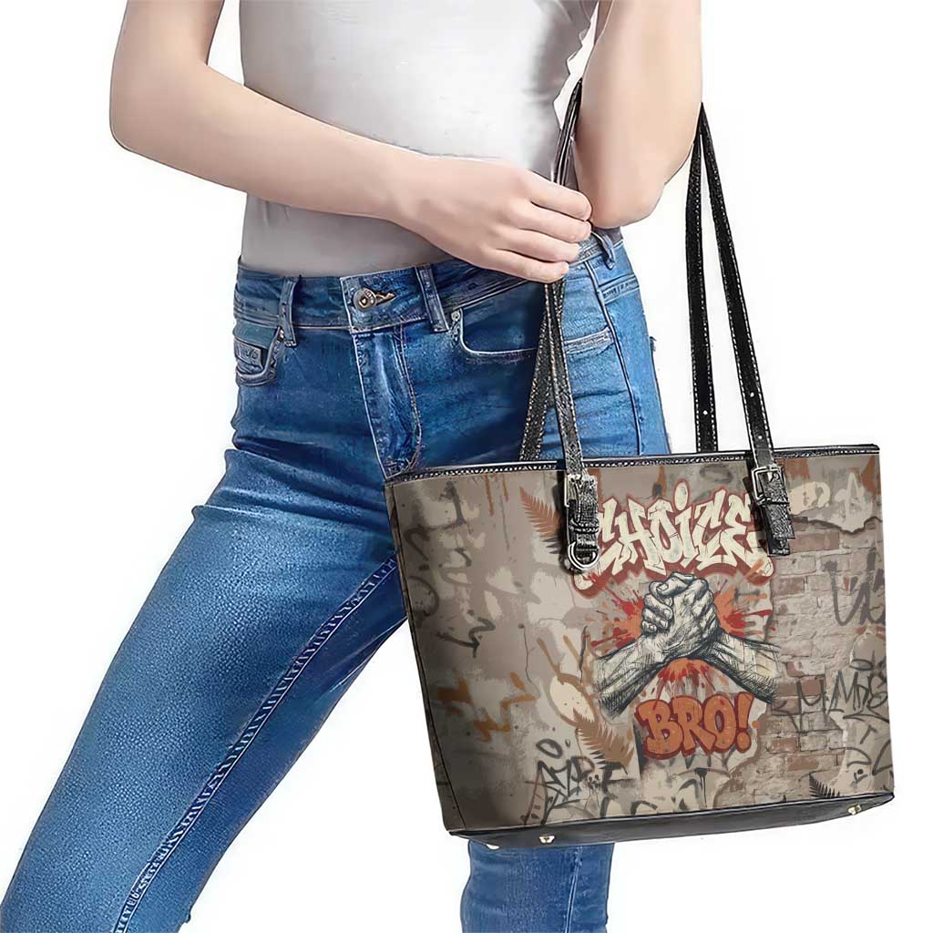 Choice Bro Graffiti Handshake Leather Tote Bag New Zealand Slang Fern Brick Wall and Urban Street Art