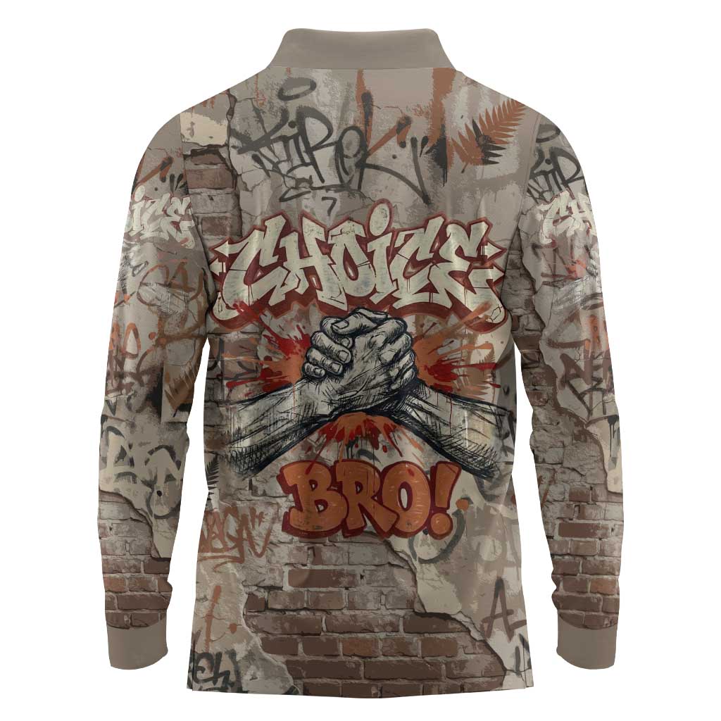 Choice Bro Graffiti Handshake Long Sleeve Polo Shirt New Zealand Slang Fern Brick Wall and Urban Street Art