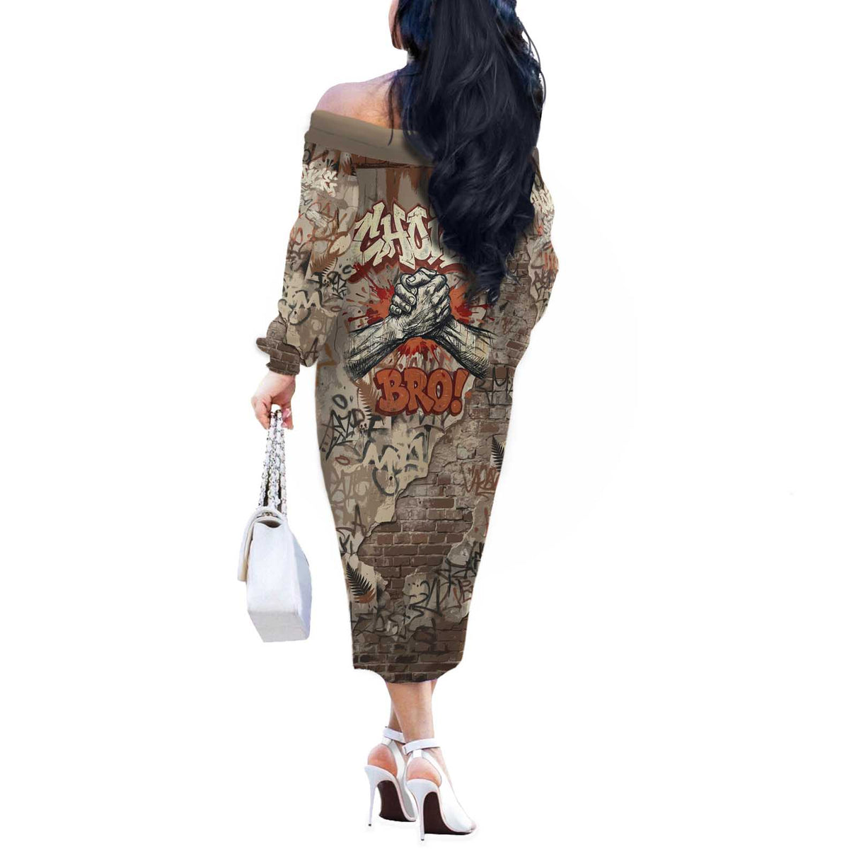 Choice Bro Graffiti Handshake Off The Shoulder Long Sleeve Dress New Zealand Slang Fern Brick Wall and Urban Street Art
