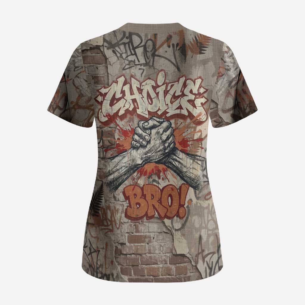 Choice Bro Graffiti Handshake Scrub Top New Zealand Slang Fern Brick Wall and Urban Street Art