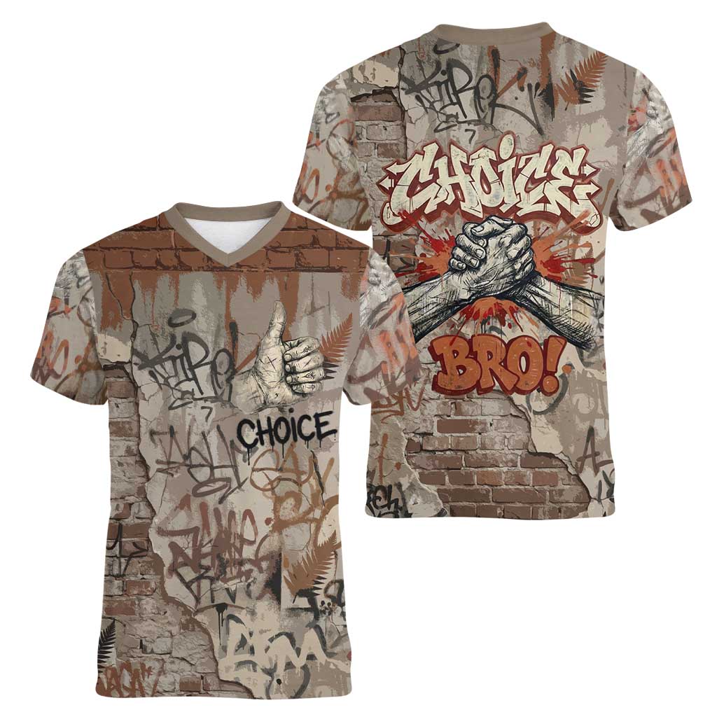 Choice Bro Graffiti Handshake Women V-Neck T-Shirt New Zealand Slang Fern Brick Wall and Urban Street Art