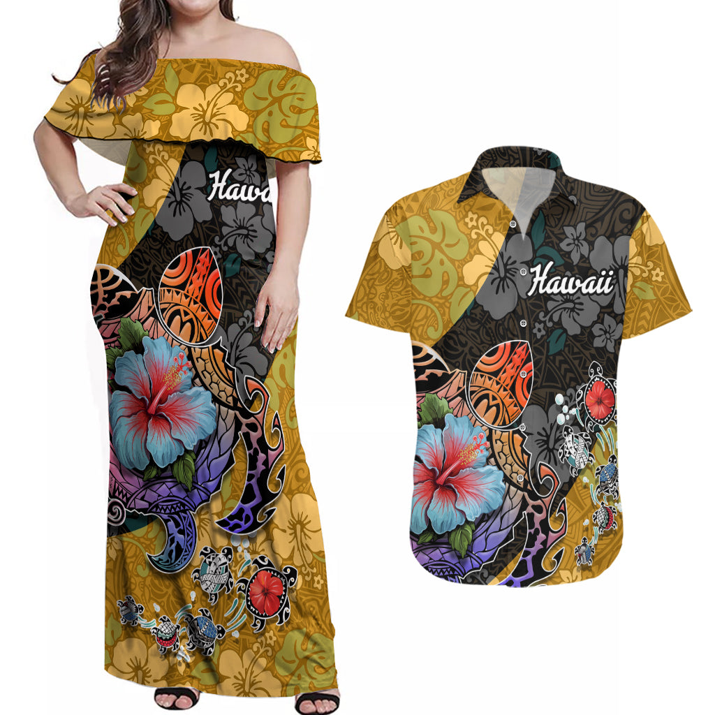 Hawaii Polynesian Couples Matching Off Shoulder Maxi Dress and Hawaiian Shirt Turtles and Hibiscus Flower Gradient Pattern TS04 Multicolor - Polynesian Pride